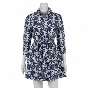 Zara Blue White 3/4 Sleeve Button Down Belted Geometric Shirt Short‎ Dress XL